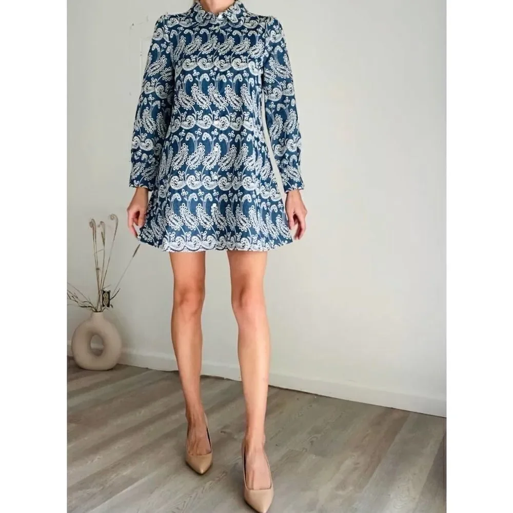 Zara Openwork Embroidery Dress Blue Cotton - Picture 3 of 6